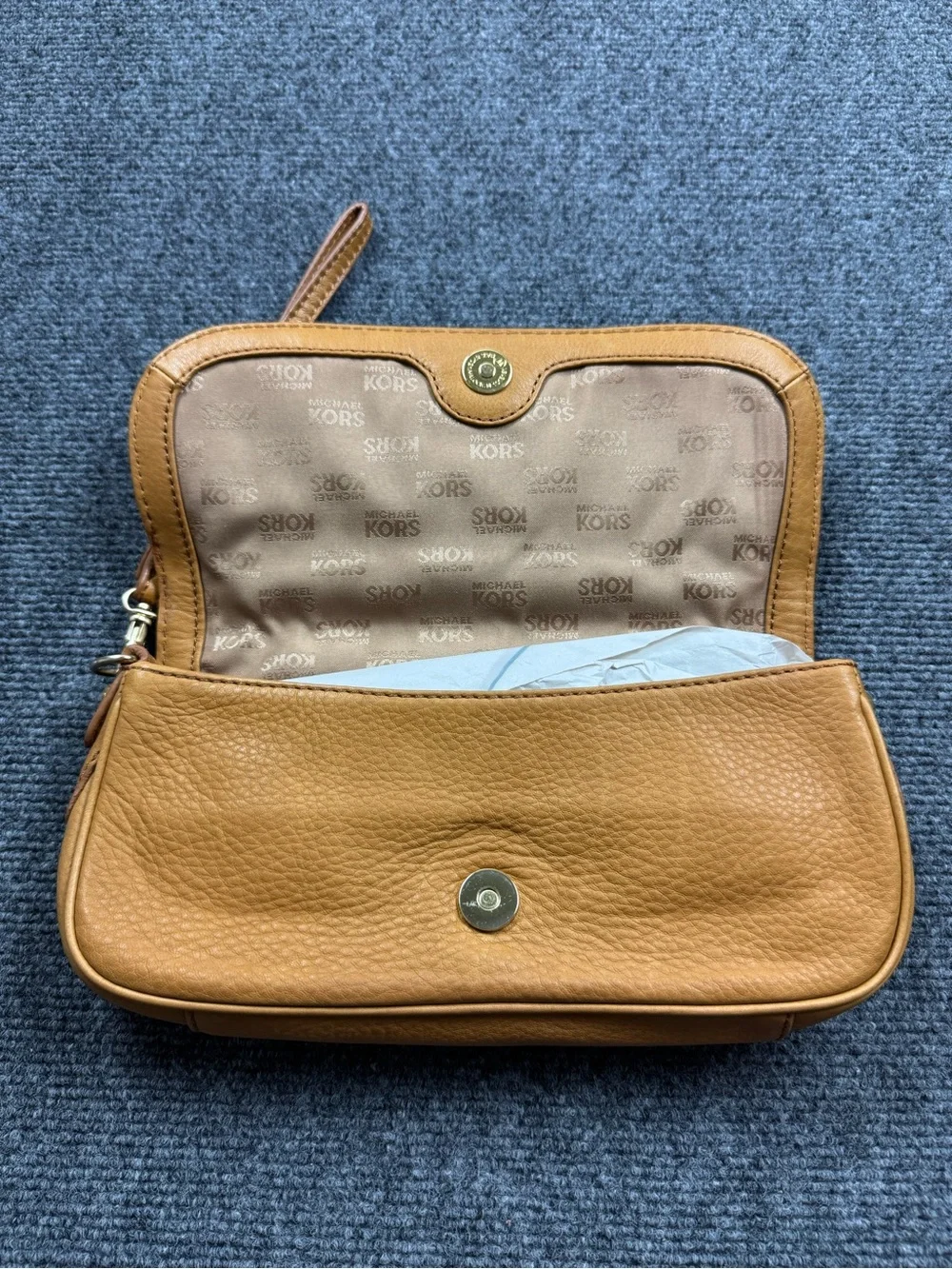 Michael Kors Tan Pebble Leather Wristlet Clutch Purse Horsebit Style Logo Clasp
